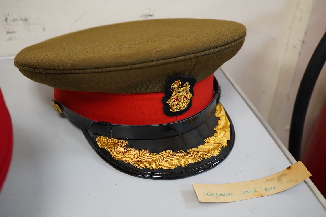 Four various caps, French Gendarme police hat etc